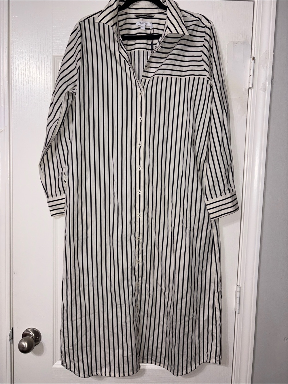 Chico’s Classic Striped Button-Down Shirt Dress - Black & White